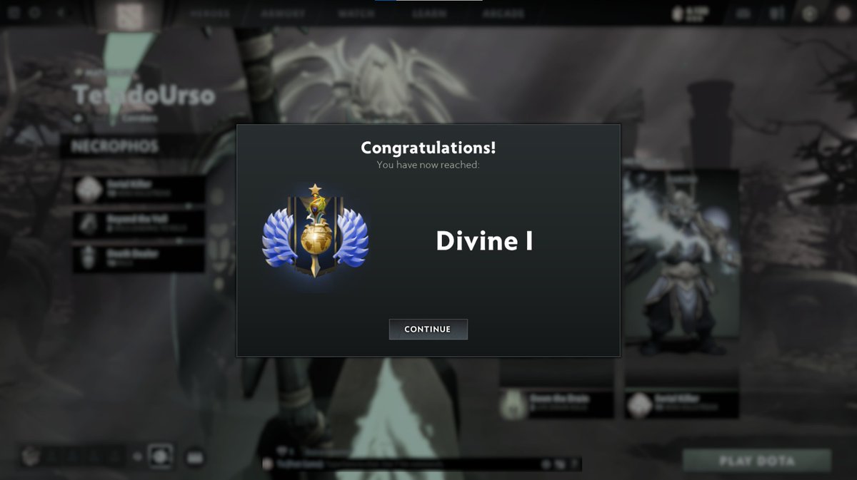 Apesar de eu ter jogado MUITO dota 1, só no ano passado peguei para realmente curtir o <a href="/DOTA2/">DOTA 2</a> , e inicialmente calibrei meu rank em Herald 3*.

Agora, quase 1 ano depois, finalmente cheguei no Divine, e rumo ao Immortal agora!