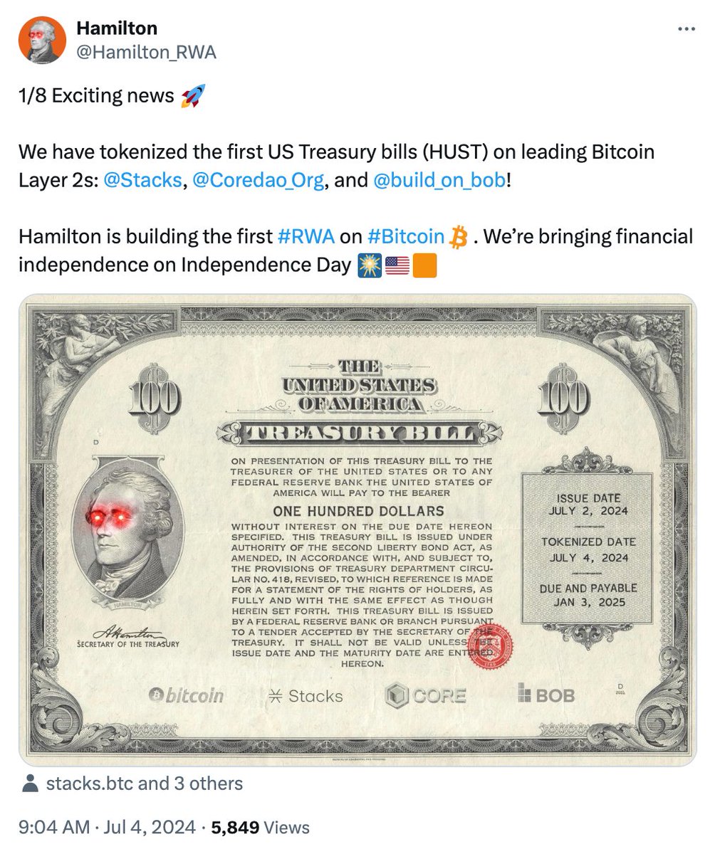 New Tokenized US Treasury Bonds Debut on Bitcoin Layer-2 @Hamilton_RWA  launched tokenized US Treasury bonds on Bitcoin layer-2 blockchains,  marking a first in the industry. The Hamilton U.S. T-Bills (HUST) are  available