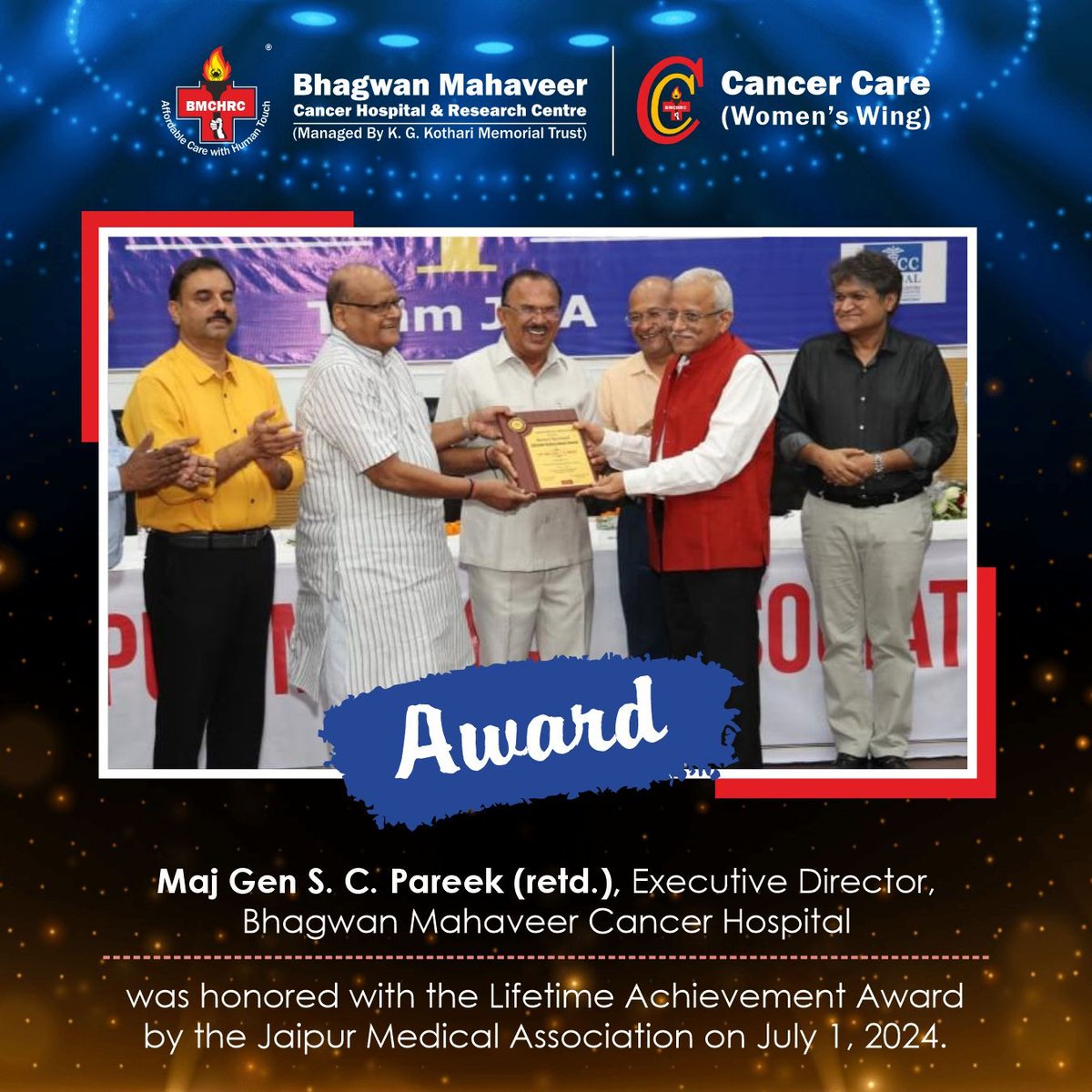 bmchrcjaipur's tweet photo. Maj Gen S.C. Pareek (retd.), Executive Director BMCHRC received Lifetime Achievement Award by the Jaipur Medical Association on July 1.2024.
#CancerHospital #HealthcareAward #HealthcareAward2022 #BMCH #BMCHRC #cancerhospital#LifetimeAchievementAward#lifetimeachievement https://t.co/uy6VsLaeMn