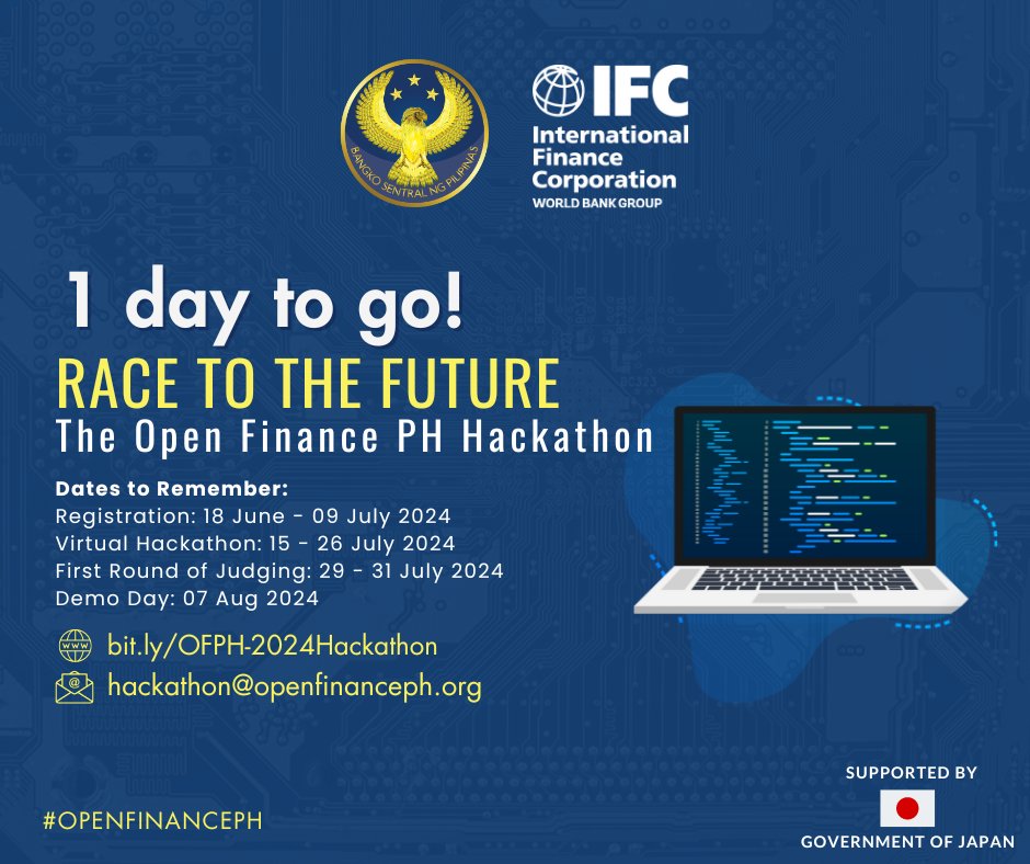 BangkoSentral's tweet image. One more day until the deadline for registration for Race to the Future: The Open Finance PH Hackathon!

Register now at bit.ly/OFPH-2024Hacka…

The last day of registration is tomorrow, July 9, 2024.

#OpenFinancePH #BSP #hackathon #LetsGetDigitAll