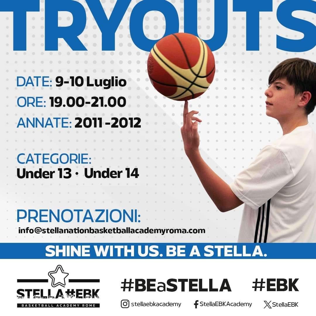 𝗧𝗥𝗬𝗢𝗨𝗧𝗦
𝑺𝒉𝒊𝒏𝒆 𝒘𝒊𝒕𝒉 𝒖𝒔. 𝑩𝒆 𝒂 𝑺𝒕𝒆𝒍𝒍𝒂 🌟

Special occasion ☄️

⚪⚫🔵 𝐔𝐧𝐝𝐞𝐫 𝟏𝟑 - 𝐔𝐧𝐝𝐞𝐫 𝟏𝟒
Tuesday 9 and Wednesday 10 July
from 19:00 to 21:00 - born 2011/2012

Info and bookings 📩 info@stellanationbasketballacademyroma.com

#BEaSTELLA
#EBK