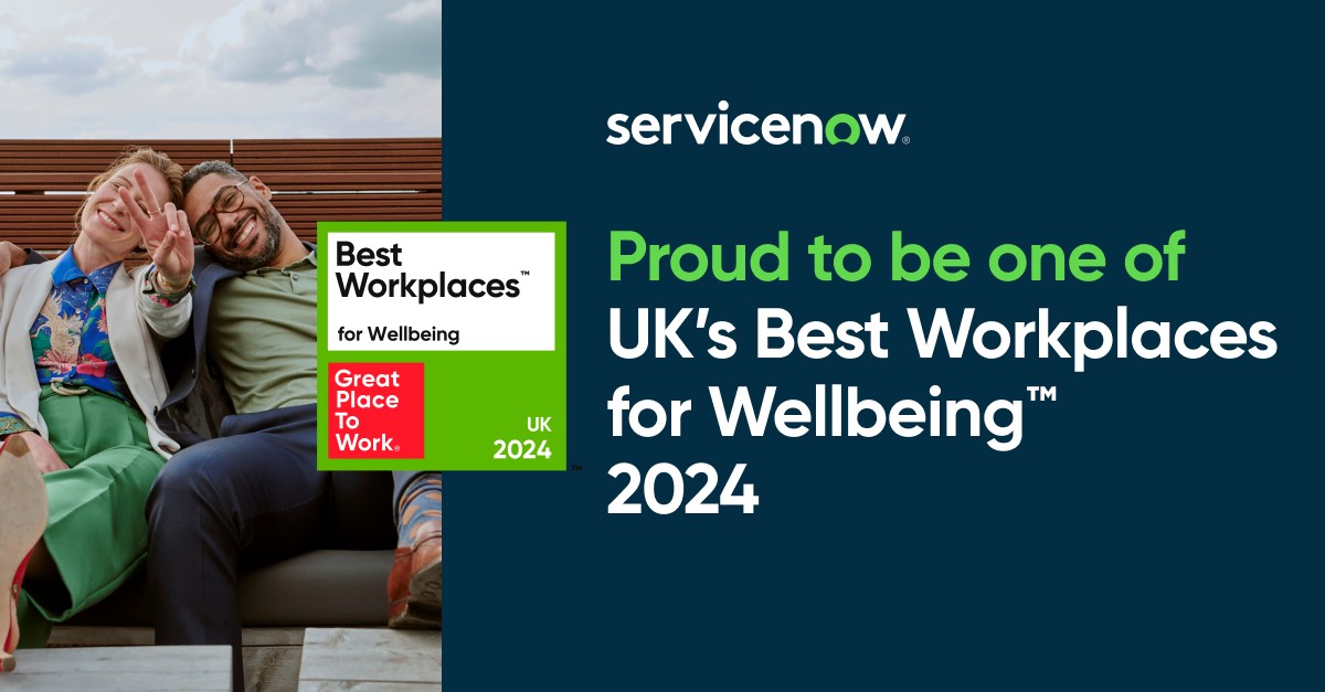 ChadHorne1's tweet photo. I’m delighted to share that @ServiceNowUKI has been recognised as one of the UK’s Best Workplaces for Wellbeing 2024 by @GPTW_UK! 🎉 

Learn more about this honor: https://t.co/rQyt43pWDU

#LifeAtNow #UKBestWorkplaces https://t.co/2r2aU89bVE