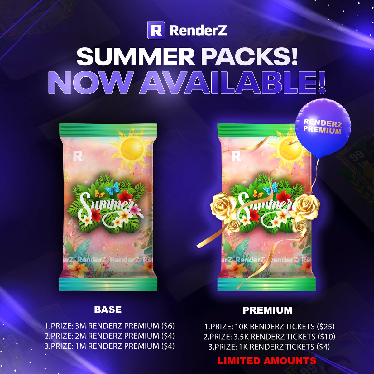 Heat up your summer with RenderZ Summer Packs! 🌴✨

Base pack: The basic summer pack contains 6 players from the EUROS, COPA America or Icons program. All rarities included.

Premium pack: The premium summer pack contains 10 players from the EUROS, COPA America or Icons program.