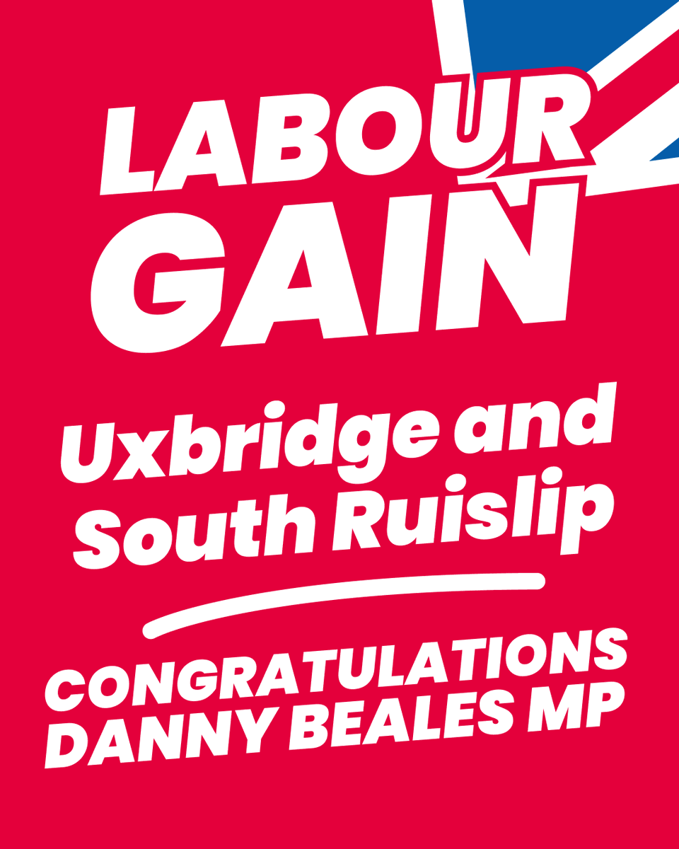LondonLabour's tweet photo. Labour GAIN Uxbridge and South Ruislip from the Conservatives. Congratulations @DannyBeales 🌹 https://t.co/DHBZm3aqeT