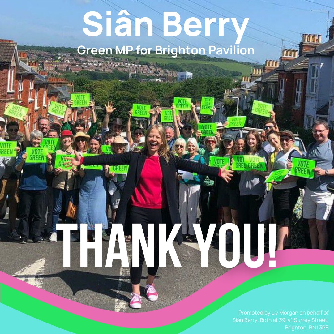 💚 What an incredible night. Thank you, Brighton Pavilion! And a huge thank you to all the volunteers who have worked so hard to earn every single vote we got. I can’t wait to get to Parliament so I can take your all of your voices with me and hold this new Government to account.