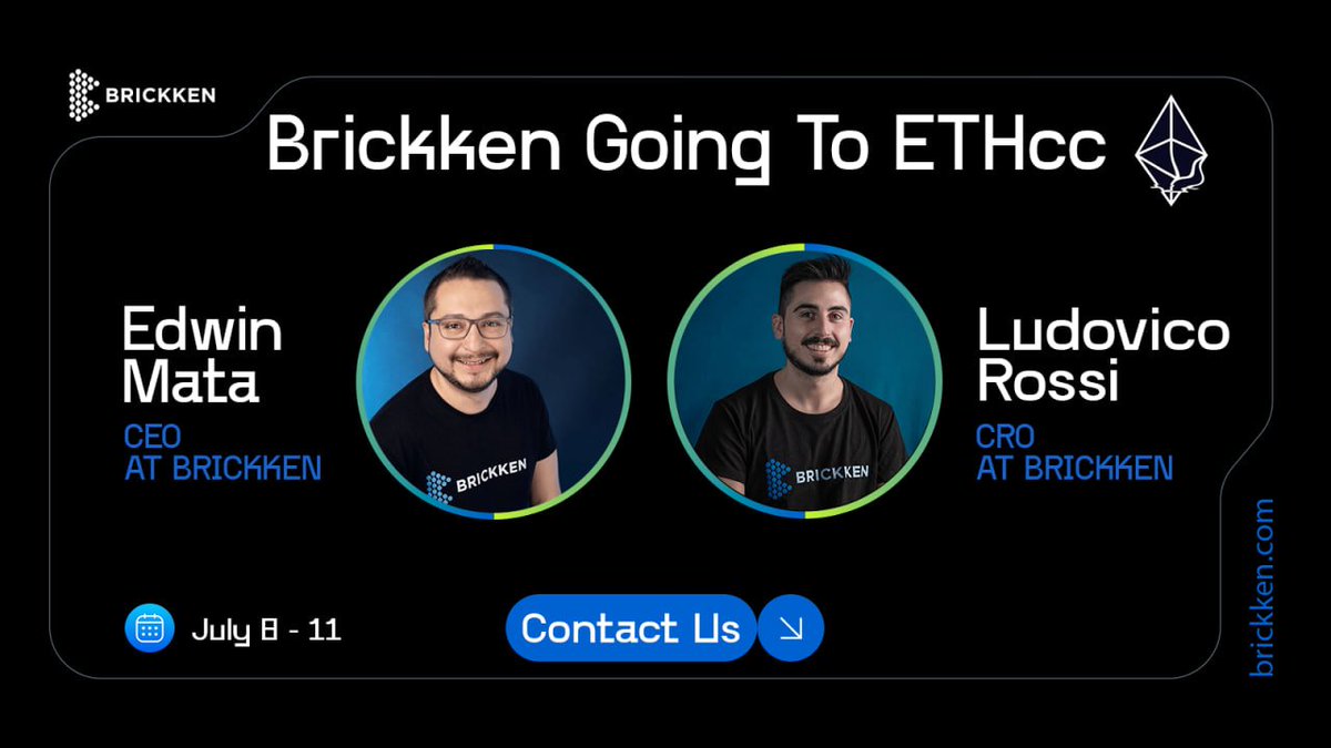 Brickken's tweet photo. 🔹 Brickken heading to @EthCC🔹

CEO @edwin_mata & CRO @Ludovico__Rossi are heading to ETHcc in Brussels July 8-11. 

This is a prime opportunity at one of the year's most significant events, allowing for the opportunity to network with Clients, Institutions, Partners, and other Industry Leaders. 

Are you going?
Contact us on LinkedIn & let's connect 🤝

https://t.co/t2aJ8oUSYO

#tokenization #RWA $BKN