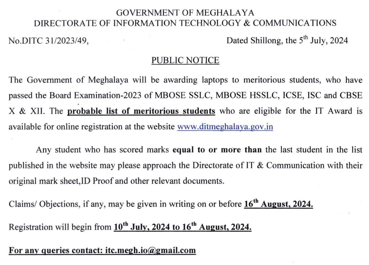 MeghalayaGov's tweet image. The Government of Meghalaya will be #AwardingLaptops to #MeritoriousStudents of Class-X &amp;amp; XII, who have passed the #BoardExamination2023. #Registration will begin from 10th July, 2024 to 16th August, 2024 @DiprMeghalaya (meghalaya.gov.in/sites/default/…)