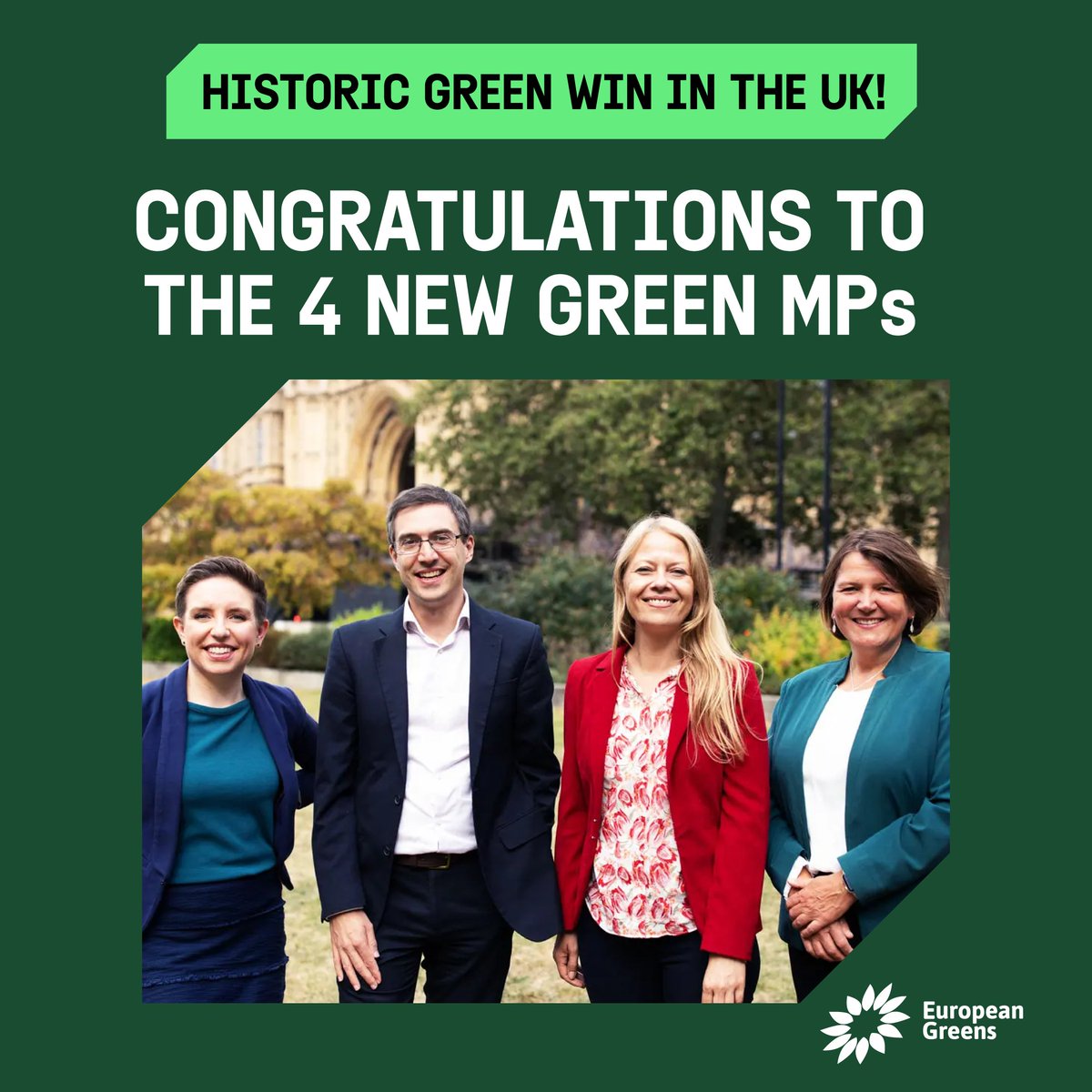 europeangreens's tweet photo. 🇬🇧🥳 A historic Green win in the UK! Congratulations to the 4 new Green MPs elected #UKElection2024:
💚 @sianberry
💚 @carla_denyer
💚 @EllieChowns
💚 @AdrianRamsay

💪 This is the best general election performance of @TheGreenParty yet &amp; quadruples their number of seats! https://t.co/nlSOAS12mp