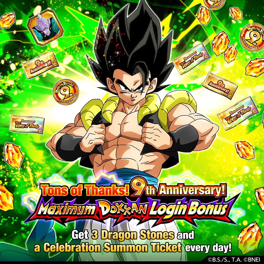 Tons of Thanks! 9th Anniversary! Maximum Dokkan Login Bonus!
Special rewards can be obtained upon the first login during the event period!

[For more details, please kindly check out the in-game announcement.]
#dokkanbattle #dokkanbattleglobal #dokkan #dragonball