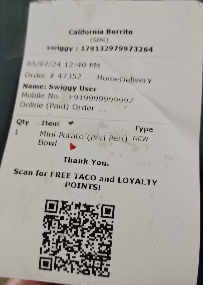 garg_seth's tweet photo. @Cali_Burrito, I ordered from your restaurant and get a free taco qr on the receipt. On scanning it, I filled the survey form, but nothing happened. Why full people by saying free TACO, better say get a chance to win. #LoyalisUnloyal https://t.co/2WsWqFHZCc