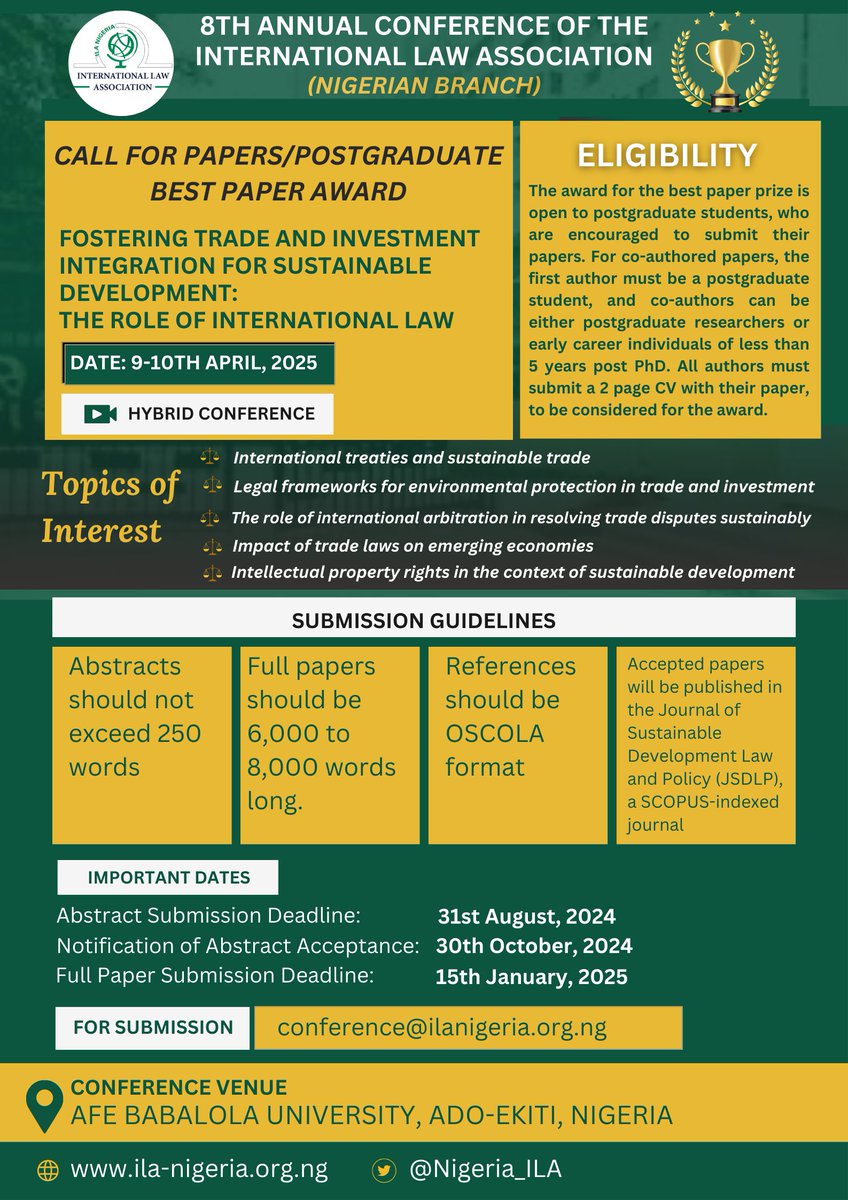 Nigeria_ILA's tweet photo. Calling all postgraduate students! Showcase your research at the upcoming #ILA Nigeria Annual Conference and vie for the coveted Postgraduate Best Paper Award. Details: https://t.co/PtfHAqfFHE

#ResearchExcellence
#ScholarlyAchievement 
#BestPaperAward
#AcademicRecognition https://t.co/0B1BGFCRTY