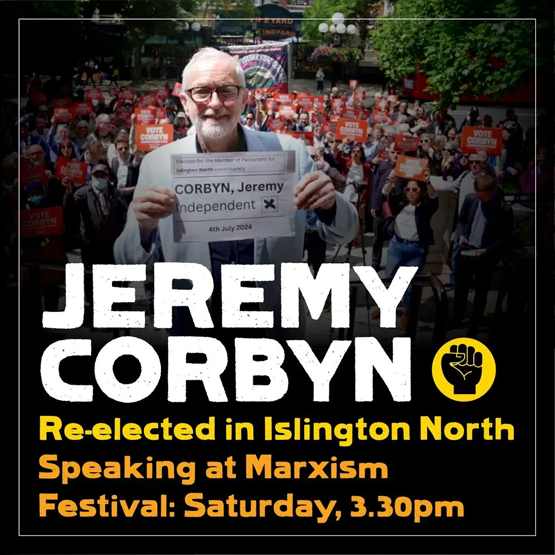 Big win for <a href="/jeremycorbyn/">Jeremy Corbyn</a> in Islington North with 24,120 votes—almost 50 percent—to Labour’s 16,873 💯💯💯

📢Don't miss the legendary Corbyn standing for peace and justice speaking Saturday 6 July at 3.30pm in <a href="/Bookmarks_books/">Bookmarks Bookshop</a>  culture tent 
#Marxism2024

bit.ly/marxism24