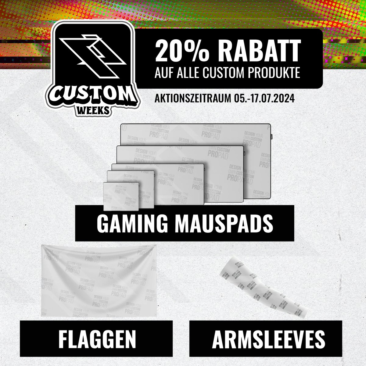 Gestaltet euch euer eigenes Gaming Produkt. 
Nur bei den Custom Weeks 20% auf eigene Designs im Konfigurator sparen.  💸

Schaut euch jetzt die frei konfigurierbaren Produkte in unserem Shop an. 🧑‍🎨