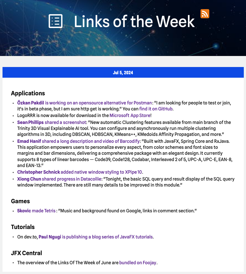 JFX-Central (@jfxcentral) on Twitter photo Here is the new #JavaFX #LinksOfTheWeek, published on jfx-central.com/links.
Thanks to:
Özkan Pakdil
<a href="/SeanMiPhillips/">Sean Phillips</a>
Emad Hanif
<a href="/crschnick/">Christopher Schnick</a>
<a href="/xiongchun007/">程序员老熊</a>
@petkovicdev
Paul Ngugi
<a href="/FrankDelporte/">Frank Delporte #JavaOnRaspberryPi</a>
<a href="/foojayio/">Foojay.io</a>
Have a lovely weekend! Here is the new #JavaFX #LinksOfTheWeek, published on jfx-central.com/links.
Thanks to:
Özkan Pakdil
<a href="/SeanMiPhillips/">Sean Phillips</a>
Emad Hanif
<a href="/crschnick/">Christopher Schnick</a>
<a href="/xiongchun007/">程序员老熊</a>
@petkovicdev
Paul Ngugi
<a href="/FrankDelporte/">Frank Delporte #JavaOnRaspberryPi</a>
<a href="/foojayio/">Foojay.io</a>
Have a lovely weekend!