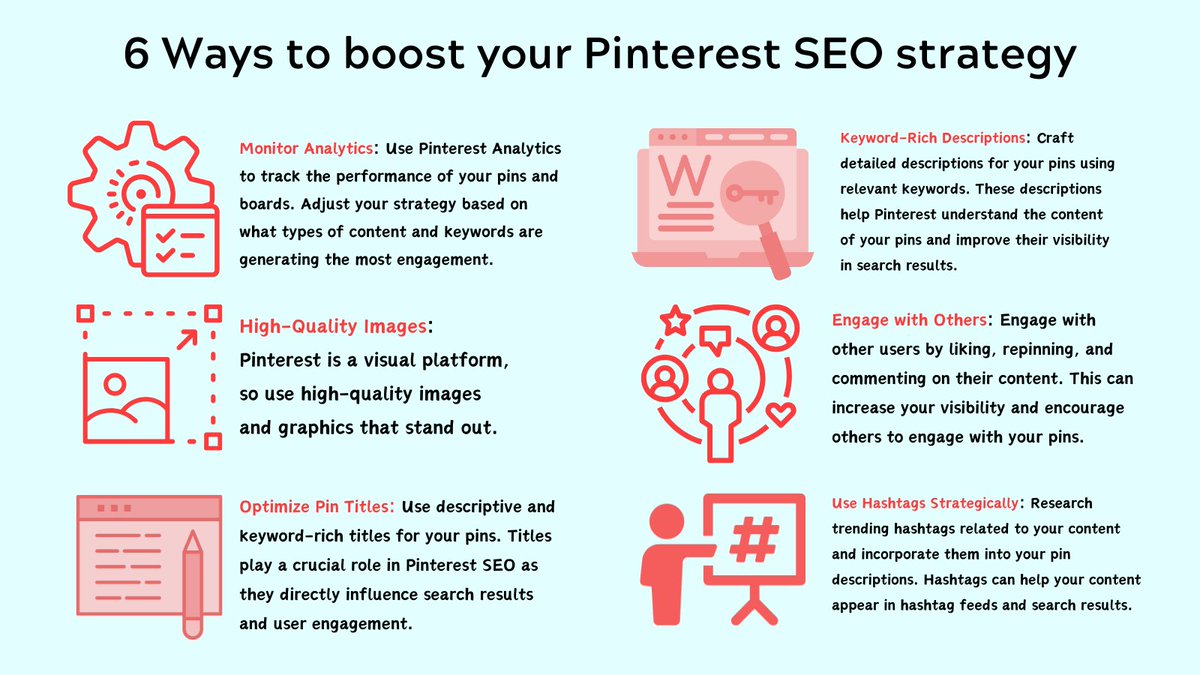 ClonBrowserHorn's tweet image. 6 ways to boost your Pinterest SEO strategy
🔹Keyword-Rich Descriptions
🔹Optimize Pin Titles
🔹High-Quality Images
🔹Engage with Others
🔹Monitor Analytics
🔹Use Hashtags Strategically
#SocialMediaManagement #SearchEngineOptimization #MarketingStrategy #pinterest