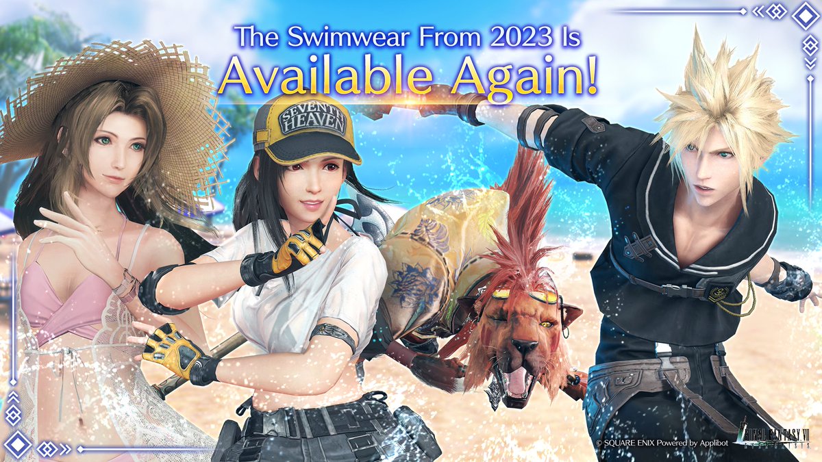 FFVII_EC_EN's tweet image. Reawakened Beach Festival Draw On Now

The Cloud-exclusive Gear Maritime Sailor, Tifa-exclusive Gear Lifeguard, Aerith-exclusive Gear Sunny Robe and Red XIII-exclusive Gear Seaside Aloha are all back!
Period: Jul. 7 7:00 PM–Jul. 21 6:59 PM PDT

#FF7EC