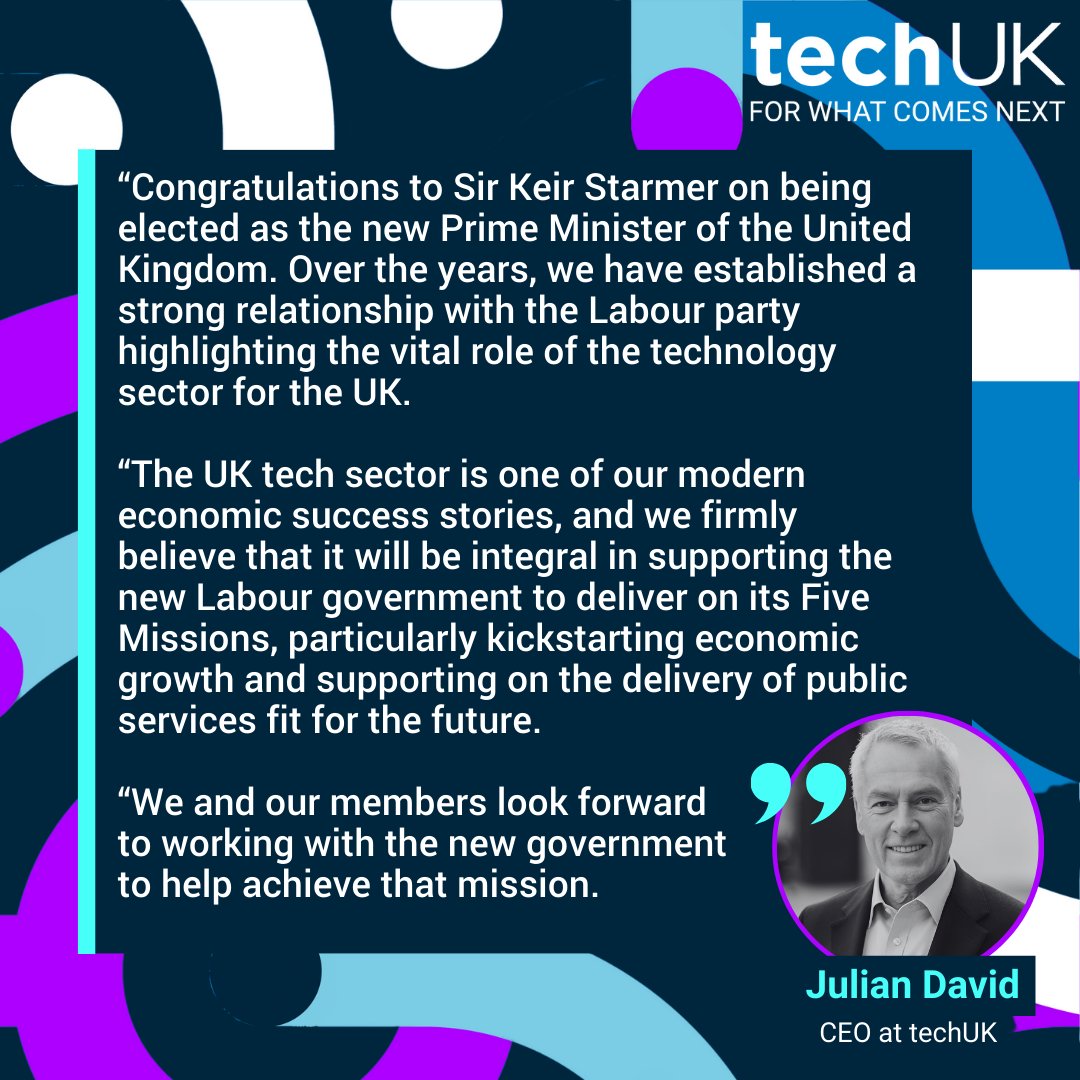 techUK (@techuk) on Twitter photo Congratulations to Sir <a href="/Keir_Starmer/">Keir Starmer</a> on being elected as the new Prime Minister of the United Kingdom. We look forward to working together in the upcoming years. <a href="/techUKCEO/">Julian David</a> Congratulations to Sir <a href="/Keir_Starmer/">Keir Starmer</a> on being elected as the new Prime Minister of the United Kingdom. We look forward to working together in the upcoming years. <a href="/techUKCEO/">Julian David</a>