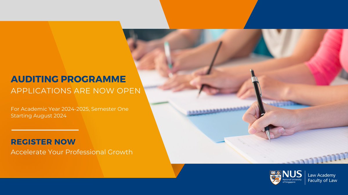 The NUS Law Academy’s Auditing Programme, offering over 40 elective courses, provides an opportunity for legal professionals to audit classes without having to undertake any assessments.

Apply by 31 July 2024 at nus.edu/3Ou0jAb