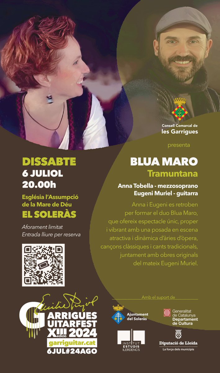 El proper dissabte inaugurem el Guitarfest amb la Tramuntana de Blua Maro a l’Església l’Assumpció del Soleràs, obra neoclàssica de 1805 i que destaca el seu altar restaurat. Entrada lliure per reserva 🎟️👇🏽👇🏽👇🏽
eventbrite.es/e/entradas-gui…
 <a href="/LleidaLV/">LleidaLV</a> <a href="/RevistaMusCat/">Revista Musical Catalana</a> <a href="/catalunyamusica/">Catalunya Música</a>