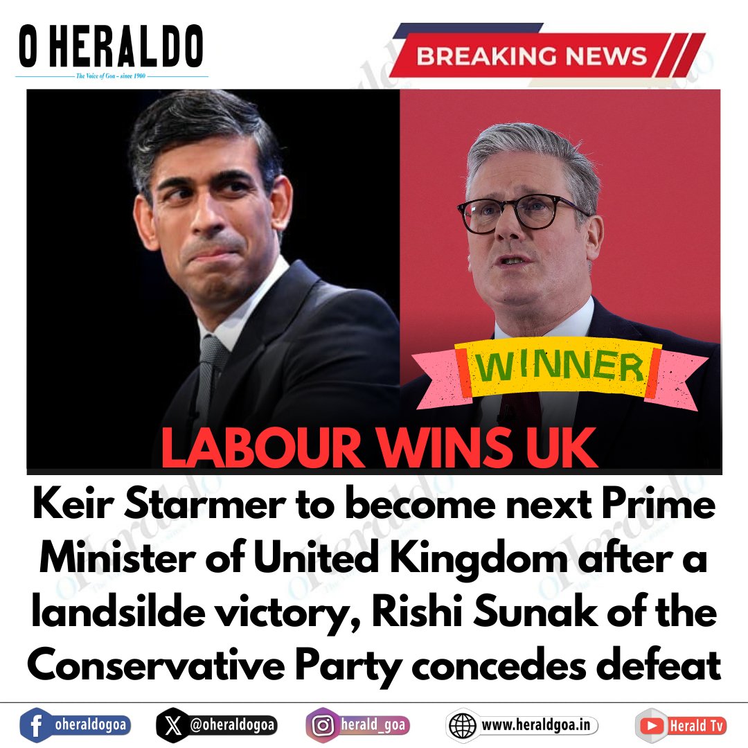 oheraldogoa's tweet image. Keir Starmer to become next Prime Minister of United Kingdom after a landsilde victory, Rishi Sunak of the Conservative Party concedes defeat
#UKElection #UkElection2024 #KeirStarmer #RishiSunak