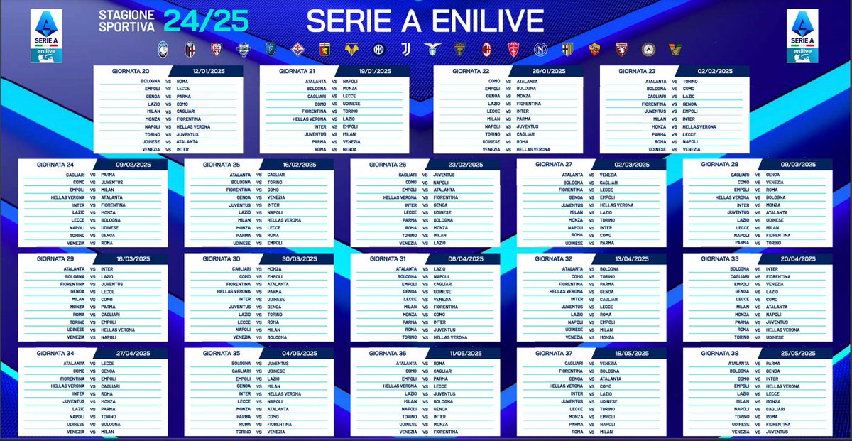 Le calendrier de la #SerieA 2024-2025 a été dévoilé.

Ci-dessous le programme, à télécharger sur Calendario Enilive.pdf (legaseriea.it)