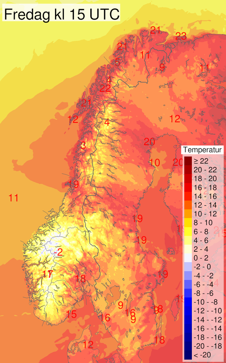 Meteorologene's tweet photo. I dag blir det trolig varmest i Nord!🌡️ 

Det er ventet over 20 grader flere steder i Nord-Norge, mens i Sør-Norge er det betydelig kaldere. I høyden kan du til og med finne snø😱 Ved sognefjellet i dag har snøen allerede lagt seg og vi har vinterlig tilværelse.🏔️❄️ https://t.co/iRU5D0cMmD