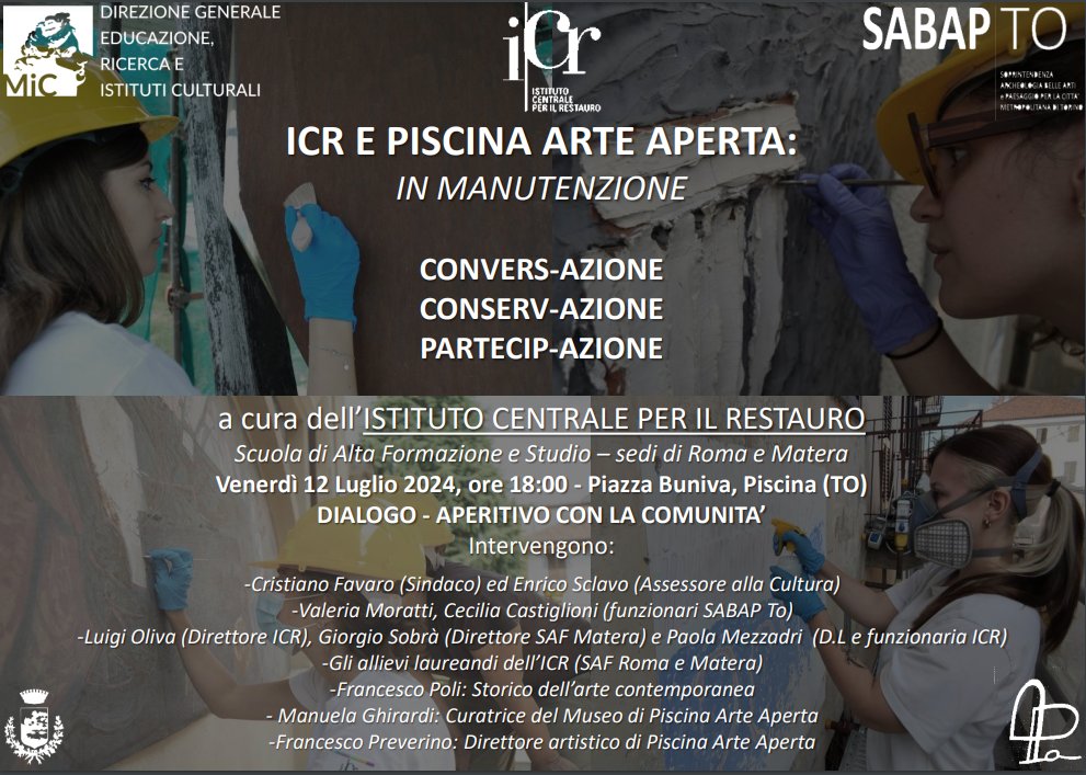 In MANUTENZIONE: l' ICR vi aspetta al Museo di Piscina Arte Aperta🎨✨! Veniteci a trovare per l'incontro finale di conservazione partecipata:condivideremo con la comunità e gli artisti le attività di manutenzione utili per una buona conservazione futura delle opere restaurate.