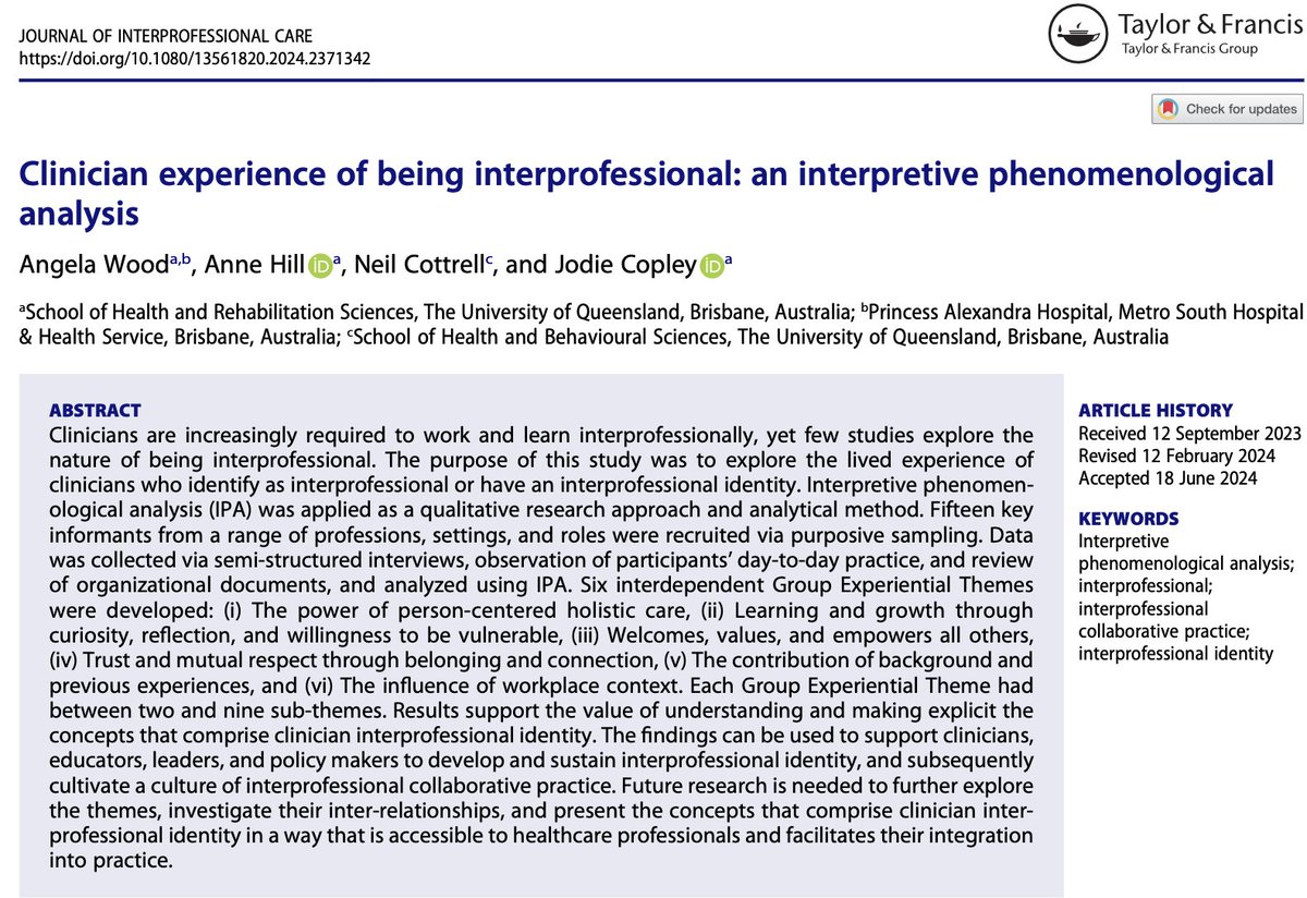 Andreas Xyrichis ๐๐๐๐ (@andreasxyrichis) on Twitter photo ๐Early peek at a fab new paper soon available online <a href="/JICare/">Journal of Interprofessional Care</a>
๐ Identifies themes that shape #interprofessional identity
๐ Includes curiosity, reflection, vulnerability, trust, respect, empowerment, and person-centred holistic care
๐ฅ Workplace context is crucial!
#IPE ๐Early peek at a fab new paper soon available online <a href="/JICare/">Journal of Interprofessional Care</a>
๐ Identifies themes that shape #interprofessional identity
๐ Includes curiosity, reflection, vulnerability, trust, respect, empowerment, and person-centred holistic care
๐ฅ Workplace context is crucial!
#IPE
