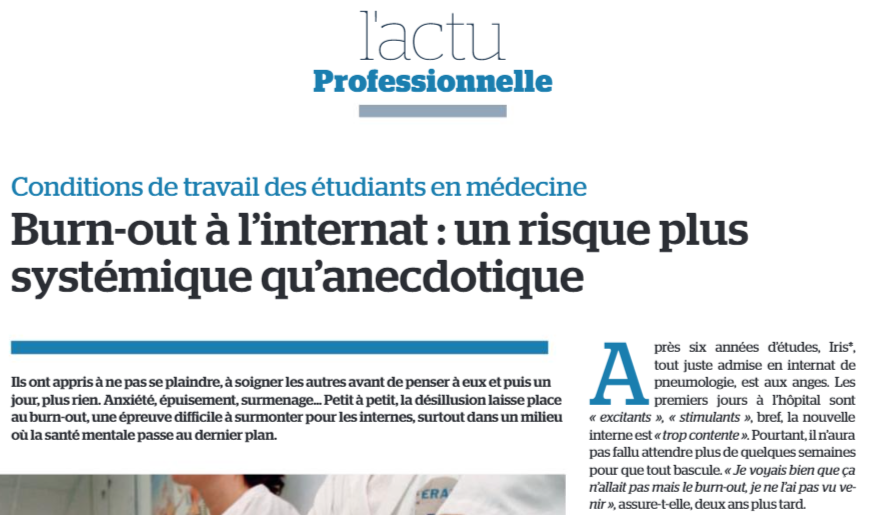 paulinebluteau's tweet photo. C'est un sujet encore trop peu évoqué dans le monde médical et pourtant, de plus en plus d'internes n'hésitent pas à prendre la parole pour parler de leur burn-out. Témoignages et analyse à lire sur @leQdM. https://t.co/H9MUMQ2SnT https://t.co/usowbjcPhP
