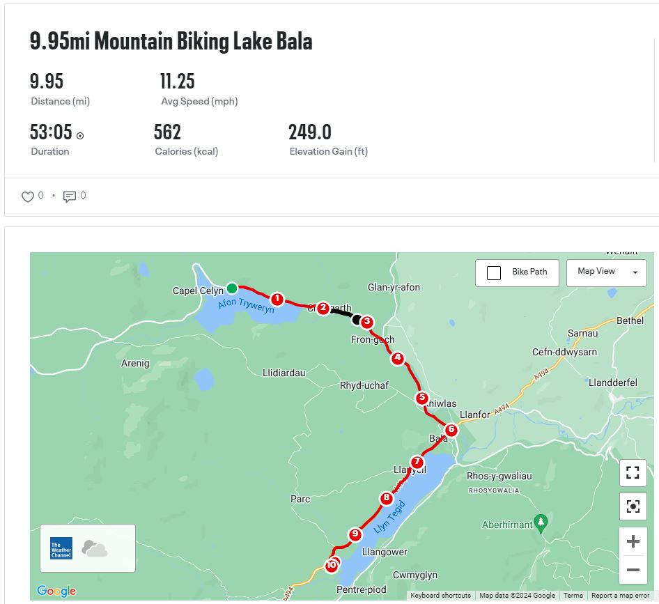 5in55's tweet image. Day 1 Stage 5 of the #bikeboatboot challenge for @tyhafan was a wonderful ride down to Lake Bala. 9.9 miles, but still (somehow) climbing 249 feet!