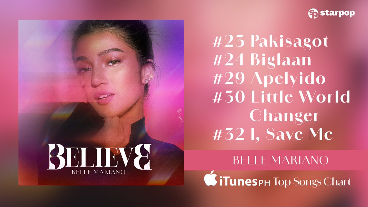 StarPopPH's tweet photo. Believe in her and she will deliver 🙌🏻💯

"BELIEVE" Album is dominating the 2nd spot of @iTunes Top Albums PH and the songs are currently charting on Top Songs PH! 🎶

Congrats, @bellemariano02 💖
Stream #BELIEVETheAlbum here 🔗 https://t.co/8UdqU5dI9s

#BelleMariano #StarPopPH https://t.co/Z020ne6qkU