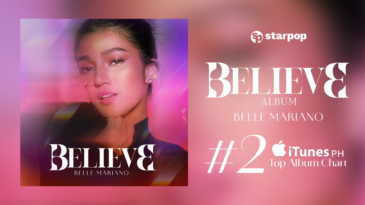 StarPopPH's tweet photo. Believe in her and she will deliver 🙌🏻💯

"BELIEVE" Album is dominating the 2nd spot of @iTunes Top Albums PH and the songs are currently charting on Top Songs PH! 🎶

Congrats, @bellemariano02 💖
Stream #BELIEVETheAlbum here 🔗 https://t.co/8UdqU5dI9s

#BelleMariano #StarPopPH https://t.co/Z020ne6qkU