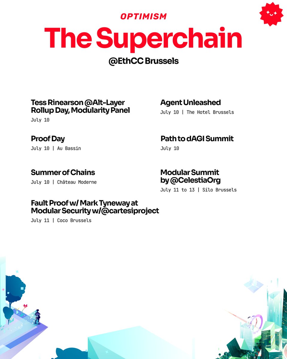 Optimism's tweet photo. The Superchain will be at @EthCC in Brussels for the entire week.

From July 7 to July 13, find us all around Brussels.

Follow @optimism on @farcaster for updates as well as /op-stack and /superchain. https://t.co/5mzIUkC136