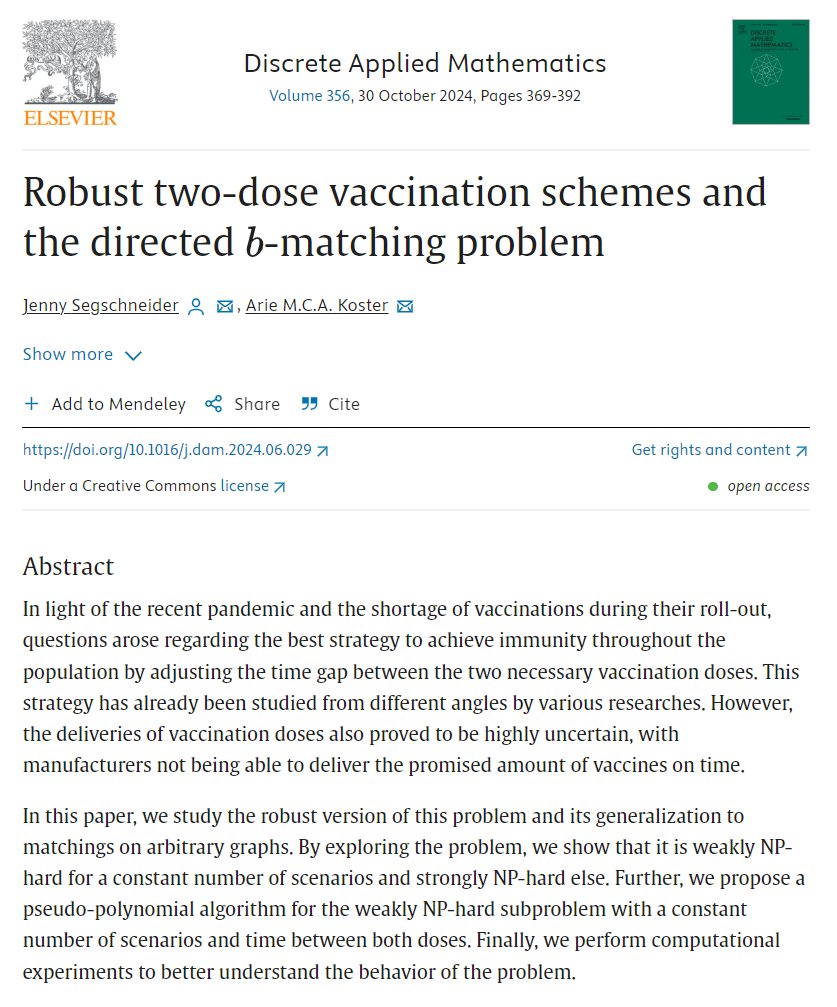 Which vaccination strategy is optimal under uncertain supply? Our study from a combinatorial #optimization perspective is now published in Discrete Applied Mathematics (open access): authors.elsevier.com/sd/article/S01… Jenny Segschneider makes the connection with directed matching problems.