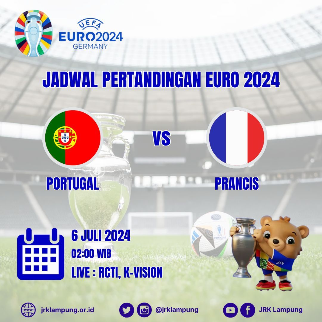 Jadwal EURO 2024

Portugal vs Prancis

6 Juli 2024 (02:00)

Live  RCTI &amp; K-Vision

#euro2024
#germany
#football
#sepakbola
#jrklampung
#jrkl
#lampung