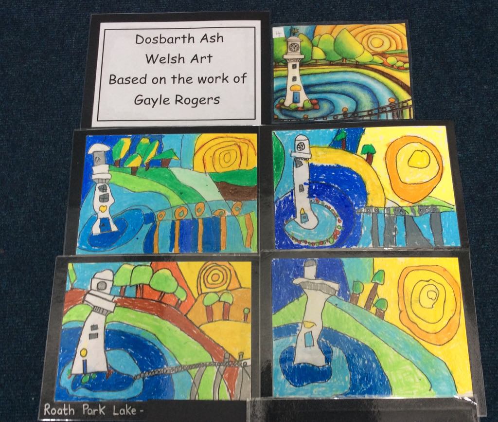 NicYT1973's tweet photo. 1. My school is holding an Eisteddfod event today and each class has looked at the work of Welsh artists to create our own gallery. My class Dosbarth Ash (Reception) used local artist Gayle Rogers @artgayle to create these masterpieces.  @llwyncrwn @CSC_Cymraeg @CSCJES https://t.co/JbnwKtS6yj