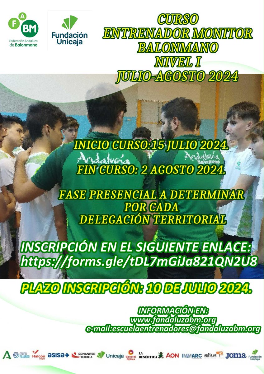 🆕 Nueva edición del 𝐂𝐔𝐑𝐒𝐎 𝐄𝐍𝐓𝐑𝐄𝐍𝐀𝐃𝐎𝐑 𝐌𝐎𝐍𝐈𝐓𝐎𝐑 𝐍𝐈𝐕𝐄𝐋 𝐈

📚 Online + fase presencial (a determinar por cada delegación territorial)

📝 docs.google.com/forms/d/e/1FAI…
❗ Fecha límite: 10 de julio.
✉️ escuelaentrenadores@fandaluzabm.org

#BalonmanoAndalucía