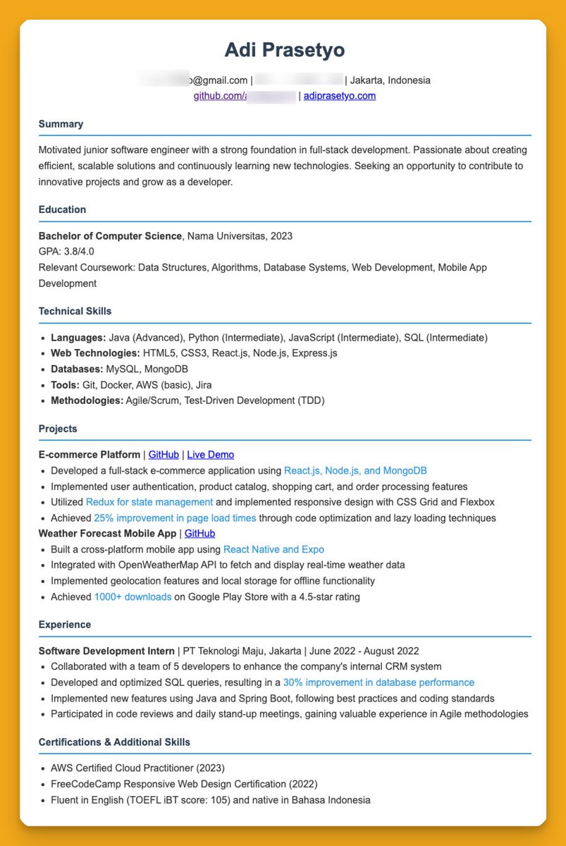 Ini contoh CV fresh grad yang OK walau gak ada pengalaman organisasi. Tapi ada pengalaman magang sih disitu satu.