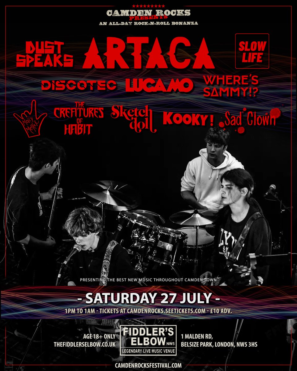 Camden Rocks Fest (@camdenrocksfest) on Twitter photo NEW SHOW ‼️ #CamdenRocks presents an all-day rock-n-roll bonanza featuring #Artaca @LucaMoMusic <a href="/Sketchdoll1/">Sketchdoll</a> & more live at <a href="/FiddlersCamden/">The Fiddlers Elbow</a> on Saturday 27th July.
TICKETS & BAND LINKS 🎟️ camdenrocks.seetickets.com
With after party at <a href="/CamdenRocksClub/">Camden Rocks Club</a> at <a href="/TheUnderworld/">The Underworld</a>! NEW SHOW ‼️ #CamdenRocks presents an all-day rock-n-roll bonanza featuring #Artaca @LucaMoMusic <a href="/Sketchdoll1/">Sketchdoll</a> & more live at <a href="/FiddlersCamden/">The Fiddlers Elbow</a> on Saturday 27th July.
TICKETS & BAND LINKS 🎟️ camdenrocks.seetickets.com
With after party at <a href="/CamdenRocksClub/">Camden Rocks Club</a> at <a href="/TheUnderworld/">The Underworld</a>!