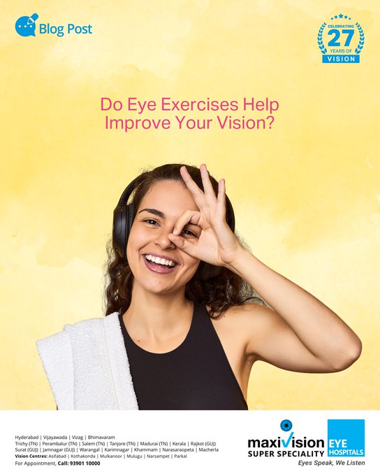 Maxivision57102's tweet photo. Do you do eye exercises regularly? Eye exercises have been shown to be relaxing to the eye and even help in improving vision to an extent. The digital era further necessitates it. Read more.. #Maxivision #MaxivisionEyeHospital #Eyecare #eyehospital #Eyespecialist #Hyderabad #Blog https://t.co/Fg10AnzbEr