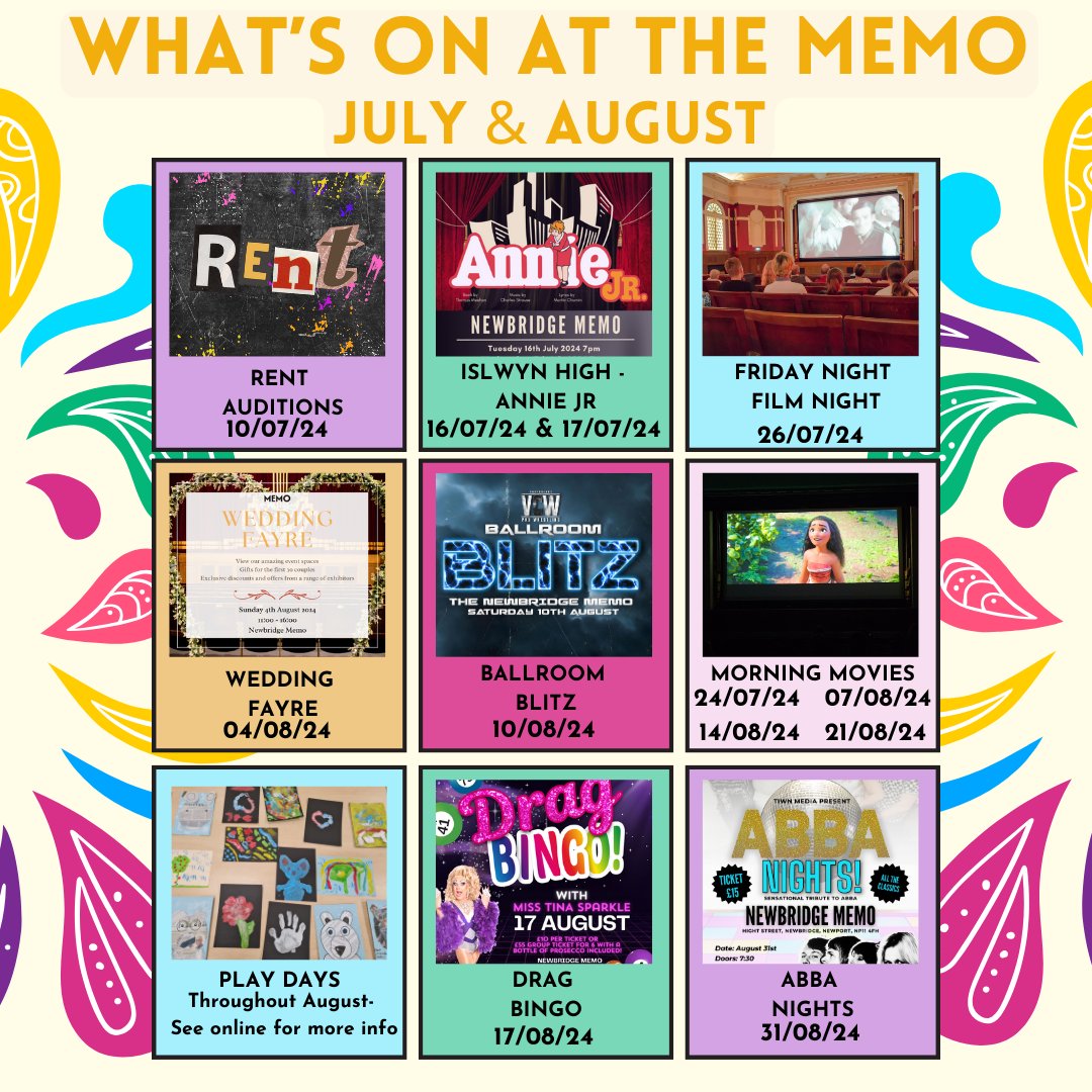 Join us throughout July &amp; August for some really exciting events!✨

We've got so much going on, from Musicals and Movie Mornings, to a Wedding Fayre and Drag Bingo, we'll keep you busy over the summer!

Tickets and more information: newbridgememo.co.uk | 01495 243252