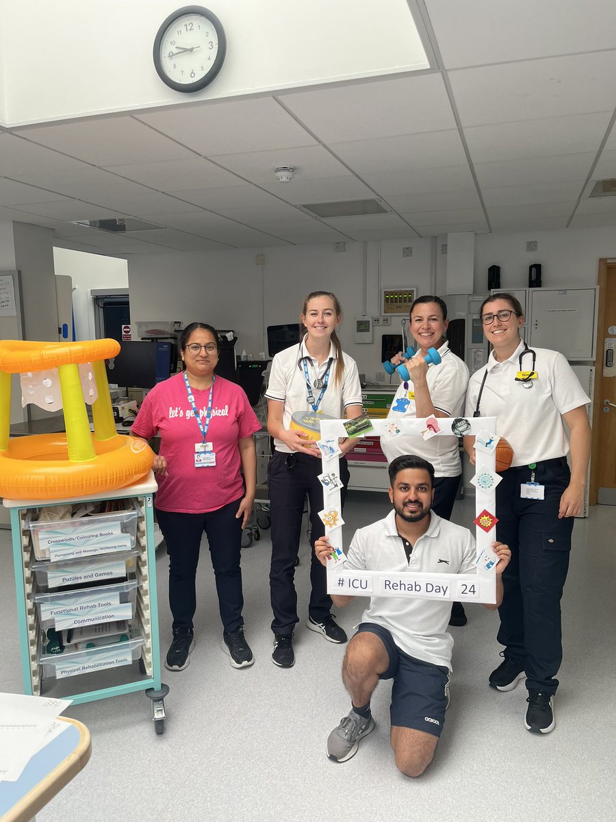 Wexham Park Physio and Follow-up teams starting ICU Rehab Day 2024 💪🏻 
We have lots going on today with a basketball challenge for staff, cake, a patient cycle race, skills sessions with rehab equipment, and patient challenges kicking off for the next few months! 
#icurehabday24