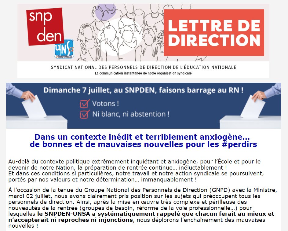 #LDD 18 : bonnes et mauvaises nouvelles pour les #perdirs... dans un contexte inédit et très anxiogène !
Dimanche, avec le <a href="/snpden/">SNPDEN-UNSA</a>, faisons barrage au RN !
Avant, pendant et après les élections, le <a href="/snpden/">SNPDEN-UNSA</a> déterminé et toujours à vos côtés !
✅Votons : ni blanc, ni abstention❗