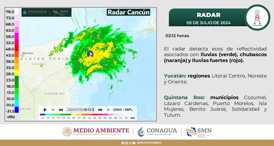 Las bandas nubosas del huracán 🌀 #Beryl están generando lluvias en Cozumel, Lázaro Cárdenas, Puerto Morelos, Isla Mujeres, Benito Juárez, Solidaridad y Tulum.

Les invitamos a permanecer resguardados y seguir informados a través de medios oficiales. <a href="/conagua_clima/">CONAGUA Clima</a>