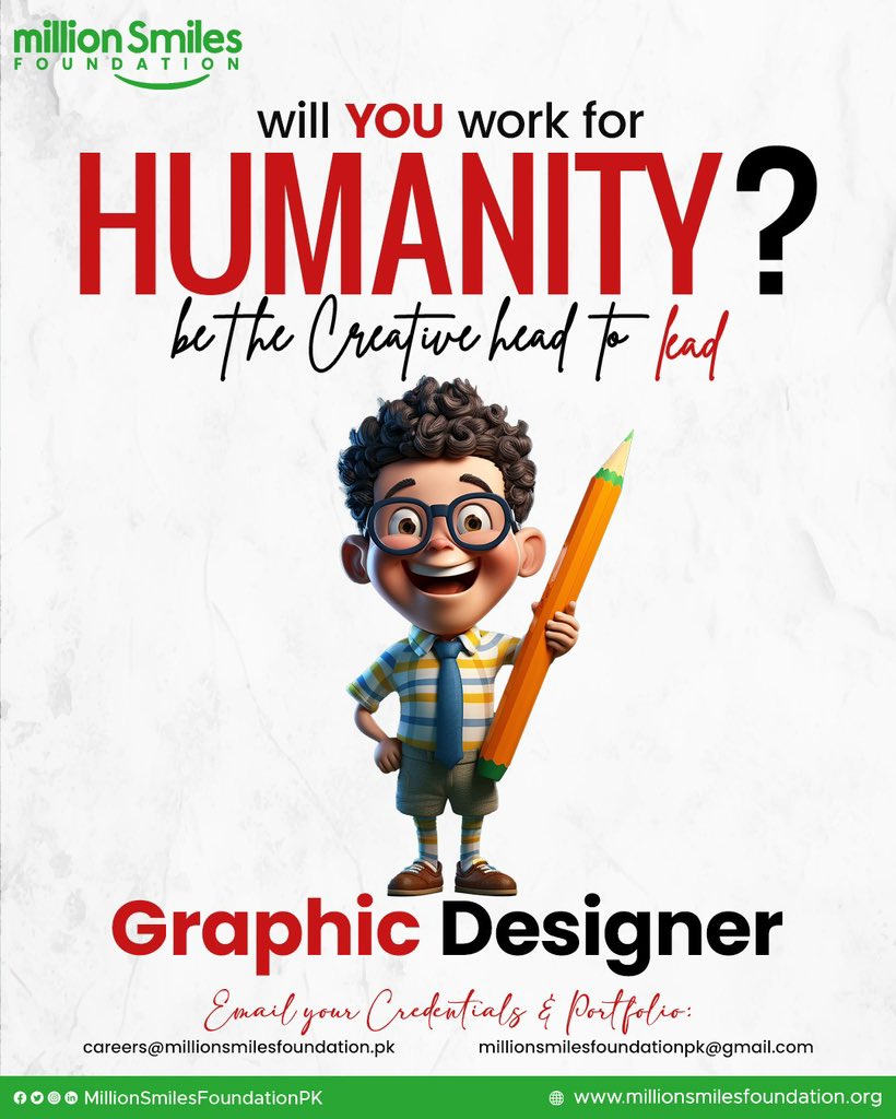MSfoundationPK's tweet image. will YOU work for Humanity?

Did you ever want to make a social impact with your skills? The creativity in YOU for humanity? 

Let your creativity talk &amp;amp; join our team of smiles to lead the Graphics at MSF Head Office in Lahore.

Share your SMILES with millions &amp;amp; make a…