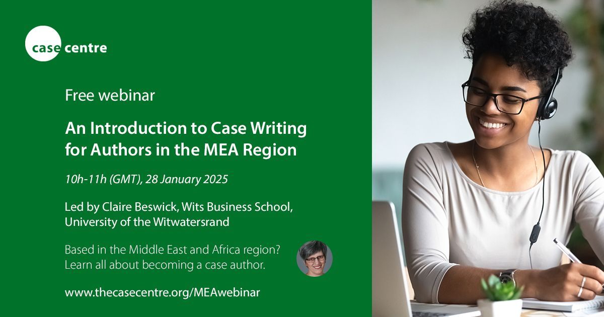 💻 NEW WEBINAR 💻

Are you based in the Middle East and African region and new to case writing? Sign up to this free webinar, and learn all about becoming a case author.

🗓 28 January '25 10h-11h (GMT)
👩‍💻 Claire Beswick (<a href="/witsbschool/">Wits Business School</a>) and <a href="/cases_hazel/">Hazel Walker</a>

👉 thecasecentre.org/MEAwebinar