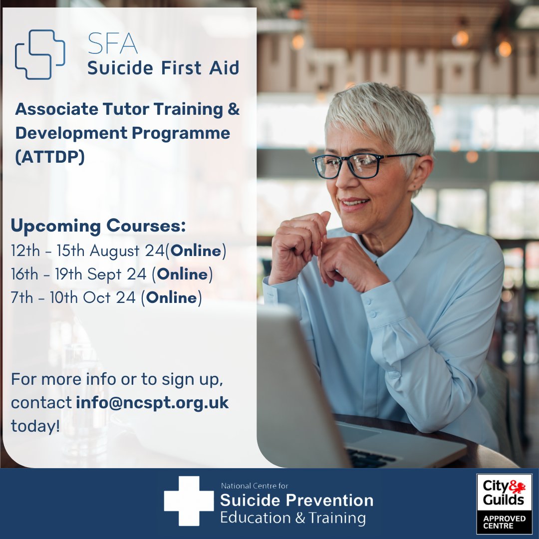 NCSPET_UK's tweet image. 📢 Spaces Still Available:
12th - 15th August 2024
16th - 19th September 2024
7th - 10th October 2024
(All online via Zoom)

To learn more about this course or apply, please contact info@ncspt.org.uk today!

#SFA #suicideprevention #tutortraining #mentalhealth