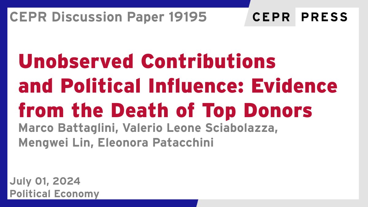 CEPR (@cepr_org) on Twitter photo New CEPR DP - DP19195
Unobserved Contributions and Political Influence: Evidence from the Death of Top #Donors
<a href="/m_battaglini/">Marco Battaglini</a> <a href="/Cornell/">Cornell University</a>, Valerio Leone Sciabolazza <a href="/SapienzaRoma/">Sapienza Università di Roma</a>, <a href="/mengwei_lin/">Mengwei Lin</a> <a href="/Cornell/">Cornell University</a>, <a href="/EleonoraPatacc2/">Eleonora Patacchini</a> <a href="/Cornell/">Cornell University</a>
ow.ly/egZt50Svoxx
#CEPR_PoE #economics #US New CEPR DP - DP19195
Unobserved Contributions and Political Influence: Evidence from the Death of Top #Donors
<a href="/m_battaglini/">Marco Battaglini</a> <a href="/Cornell/">Cornell University</a>, Valerio Leone Sciabolazza <a href="/SapienzaRoma/">Sapienza Università di Roma</a>, <a href="/mengwei_lin/">Mengwei Lin</a> <a href="/Cornell/">Cornell University</a>, <a href="/EleonoraPatacc2/">Eleonora Patacchini</a> <a href="/Cornell/">Cornell University</a>
ow.ly/egZt50Svoxx
#CEPR_PoE #economics #US