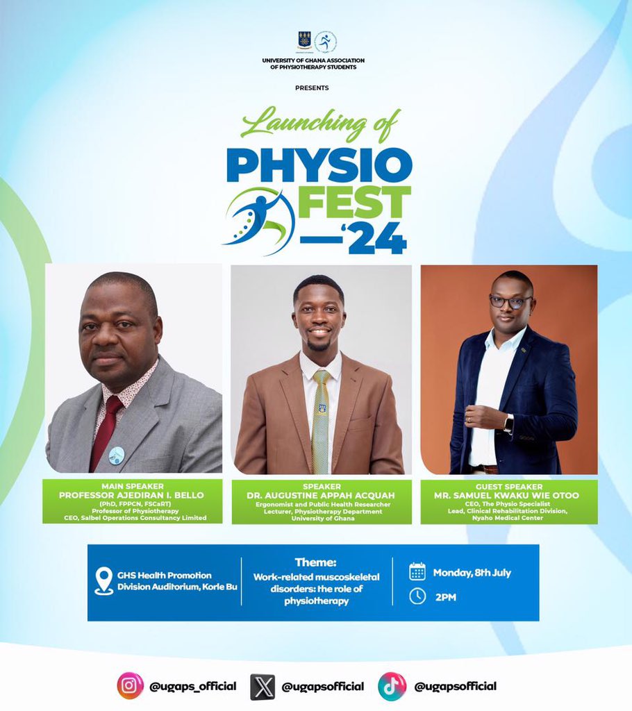 ugapsofficial's tweet photo. Day 1 of our Physiofest week, 'THE LAUNCH,' is on schedule and promises an exciting lineup of Personalities. Mark your Calendars! π₯π₯π
Follow @ugaps_official for all the latest updates and event details.
#PhysioFest24 #UGAPS #Anticipate https://t.co/8CaQV4G2F8