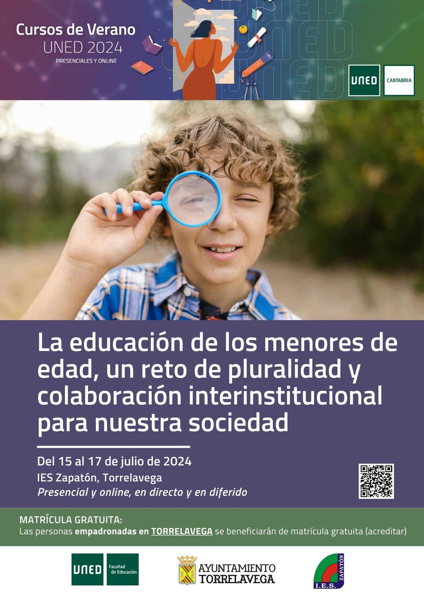 🌞#CursoDeVerano de #UNEDCantabria, presencial y online (directo/diferido) sobre la #educación de los menores de edad 
📌¡Matrícula gratuita para empadronados en #Torrelavega!
🎓1 crédito ECTS.
ℹ️ bit.ly/4e9cYWn 
#SomosUNED 
<a href="/ANACOIE/">AnaM Martín Cuadrado</a> <a href="/INTECCAUNED/">INTECCA - UNED</a> <a href="/UNED/">UNED</a> <a href="/EducacionUNED/">Facultad de Educación de la UNED</a>